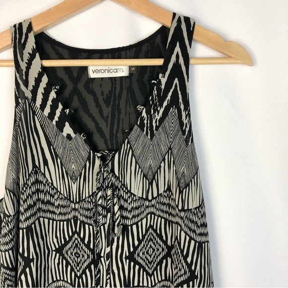 Veronica M Black & Beige Geometric Printed Tie Neck Mini Dress S - Picture 3 of 3